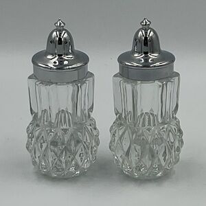 Vintage Indiana Glass Diamond Point Salt & Pepper Shakers with Metal Lids
